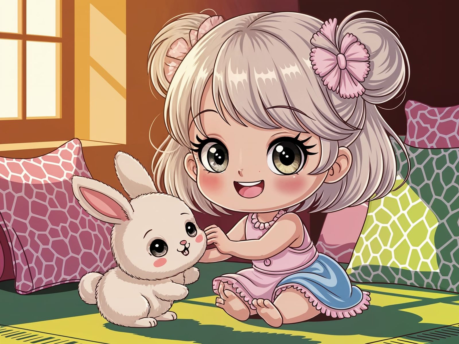 Kawaii Girl and Bunny Play in Pastel Sunlight