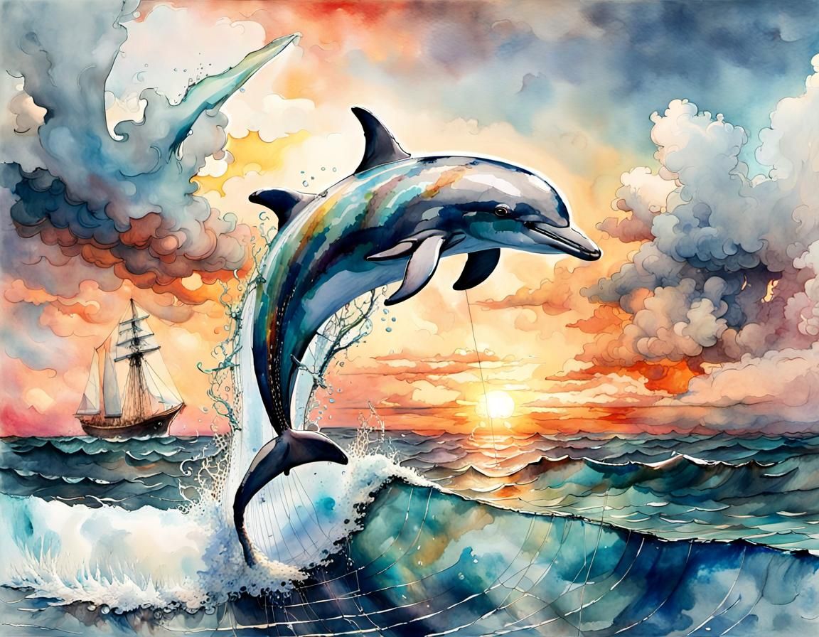 Joyful Dolphin Leaping at Sunset in Silk Painting