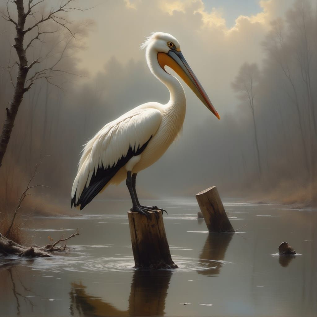 Elegant Pelican in Golden Light, Masters Style