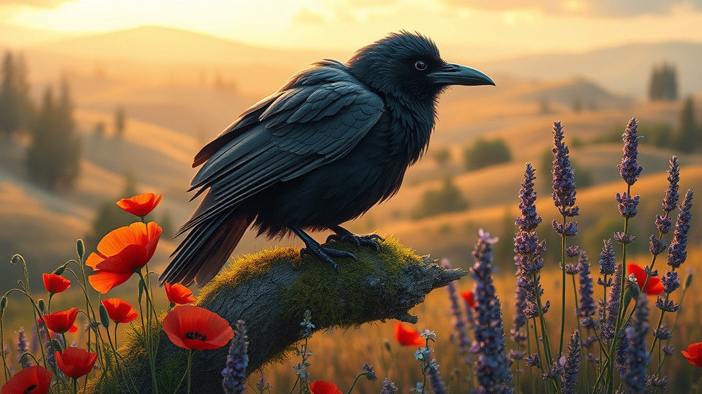 Raven in Dreamlike Landscape, Hyper-Realistic Art