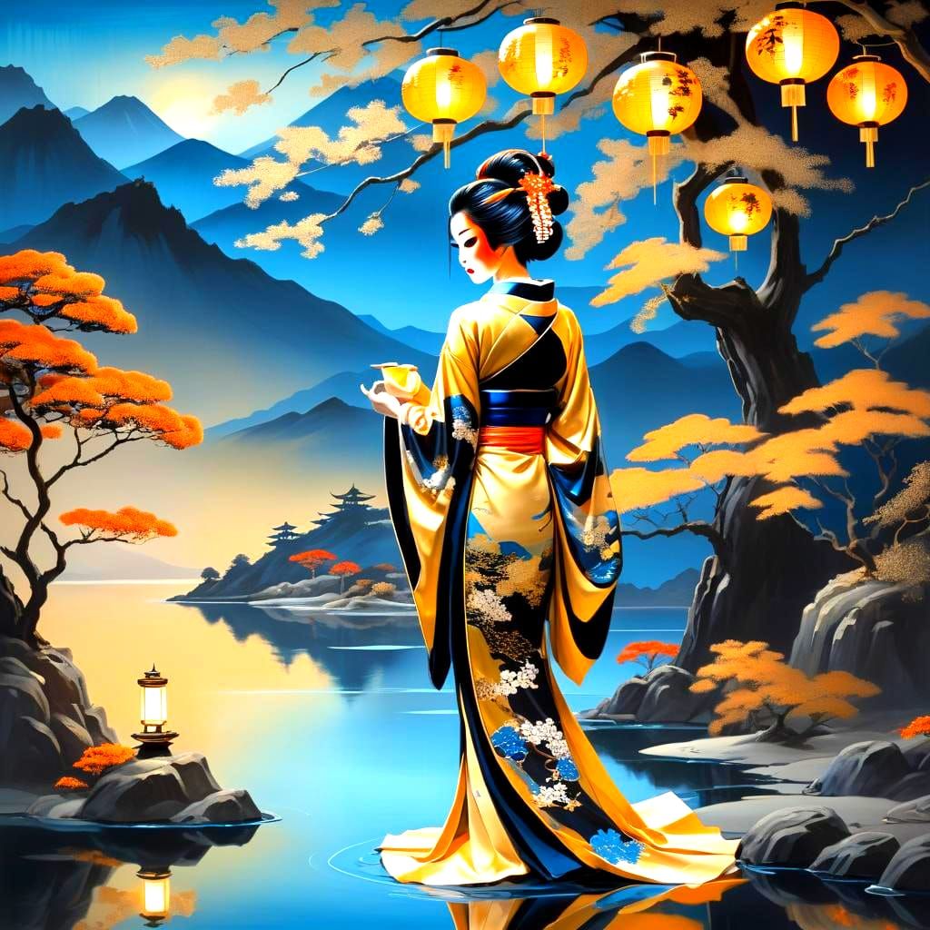 Bioluminescent Geisha in Tea Room: Abstract Art