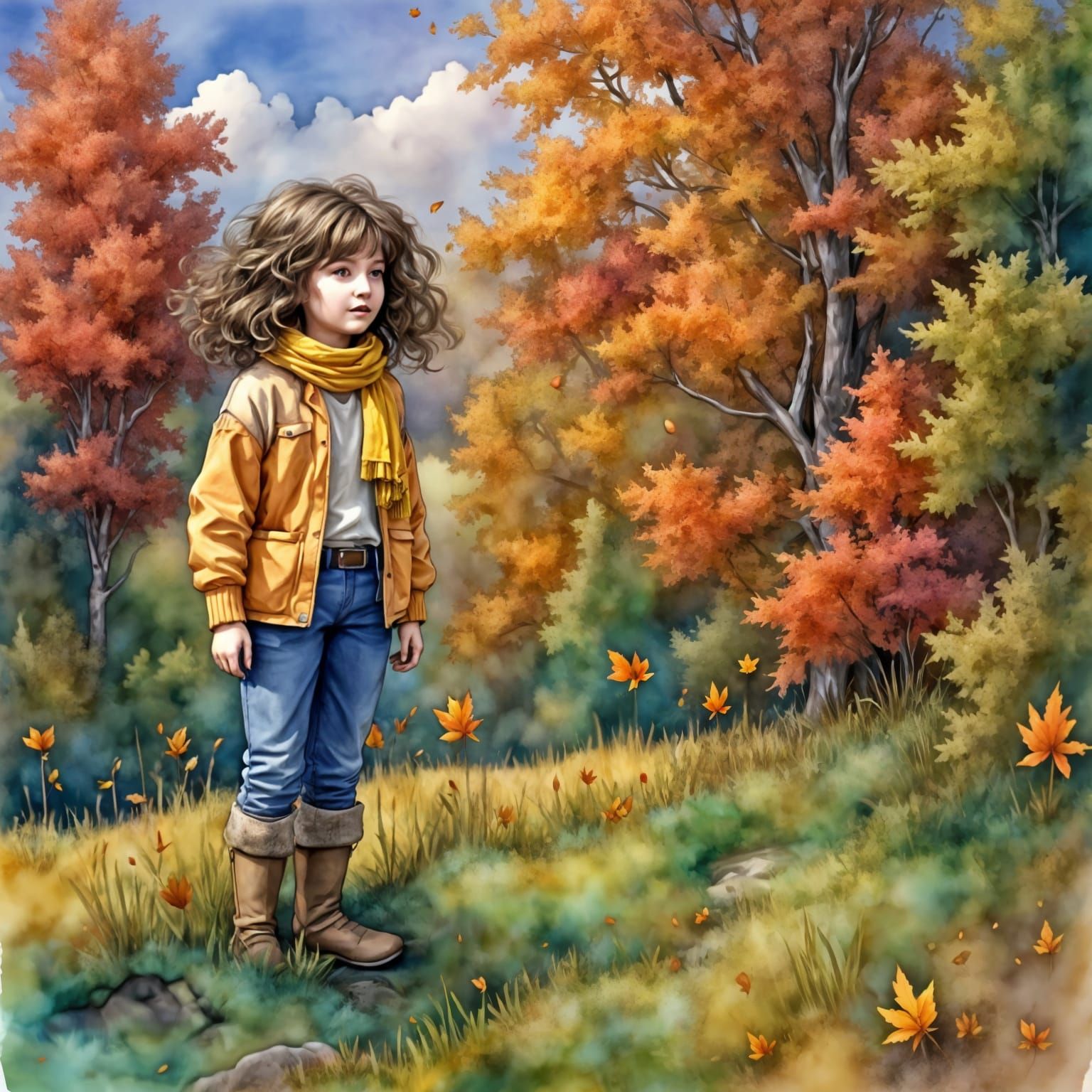 Girl in Autumn Wind on Hillside