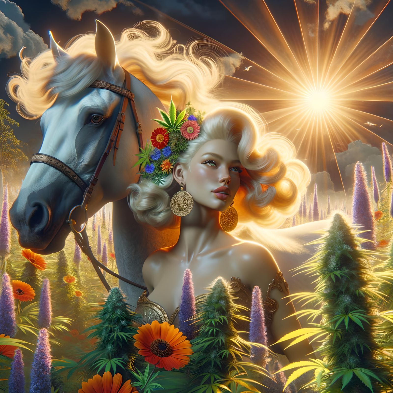 Radiant Pinup Goddess in Sunlit Meadow, Art Nouveau Style