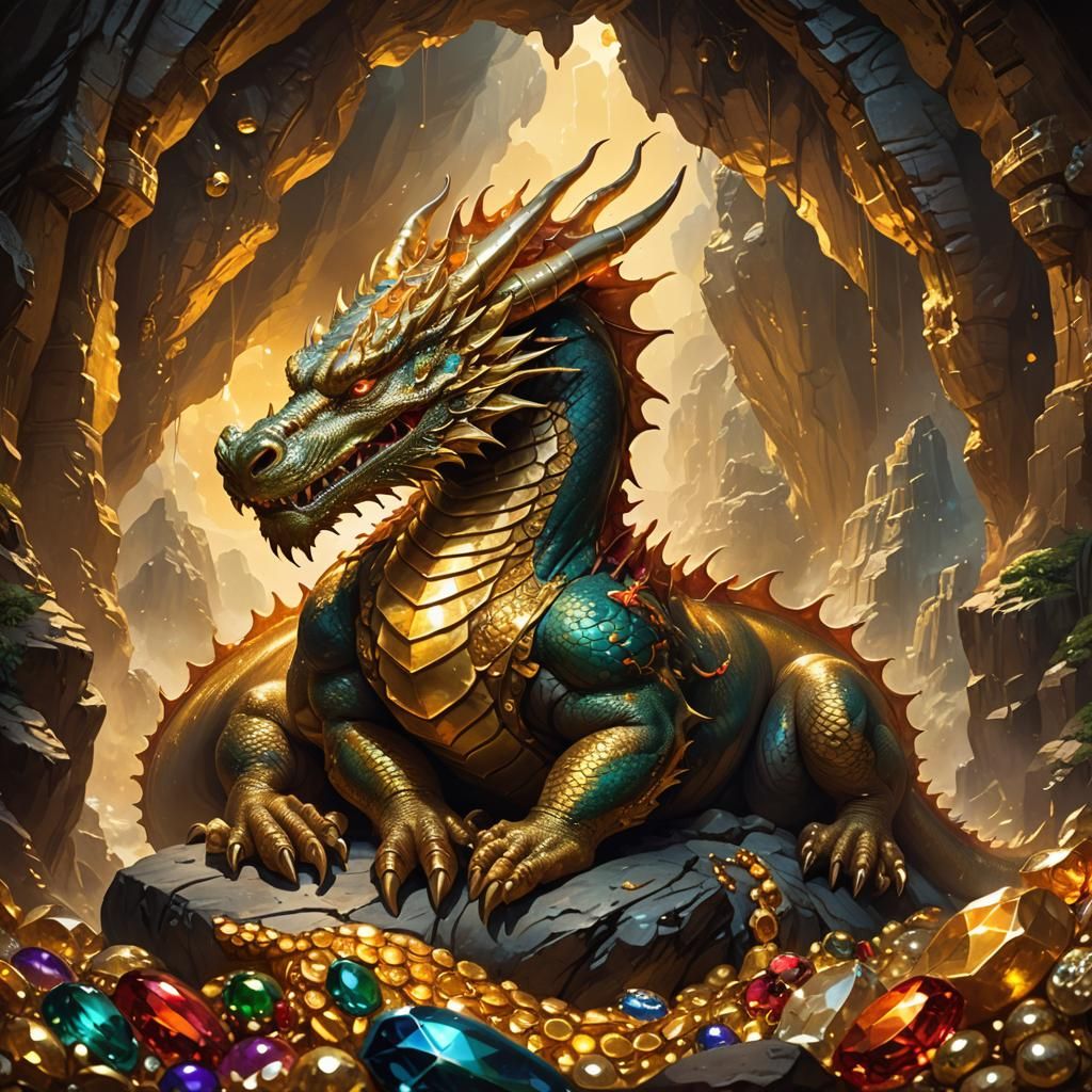 Fantasy Dragon on Gold Treasure in Oil Painting Style