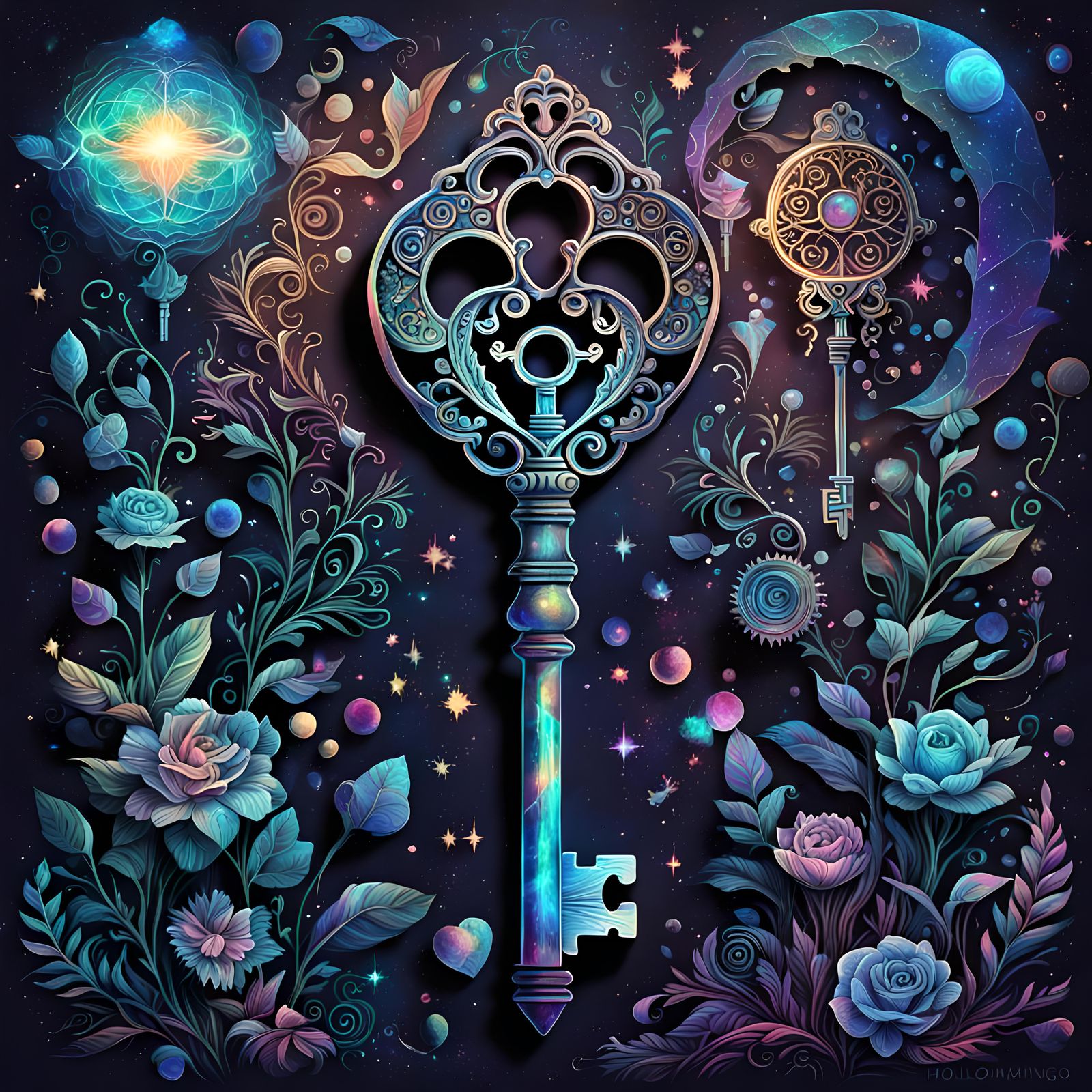 Eerie Key to My Heart: Holographic Astral Illustration