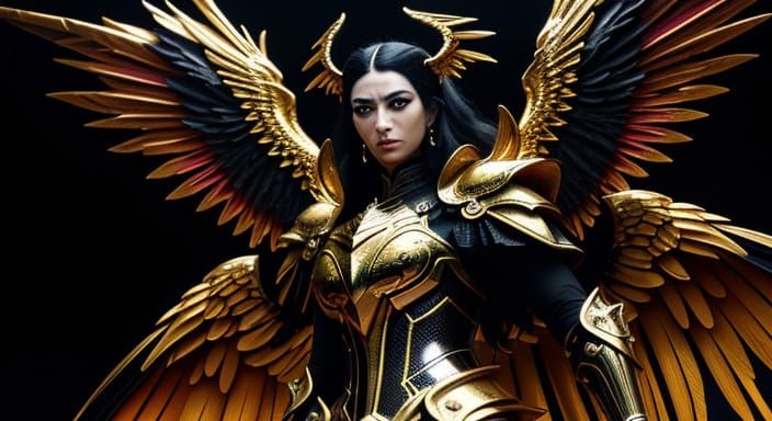 Majestic Angelic Warrior in Ornate Black and Gold Armor