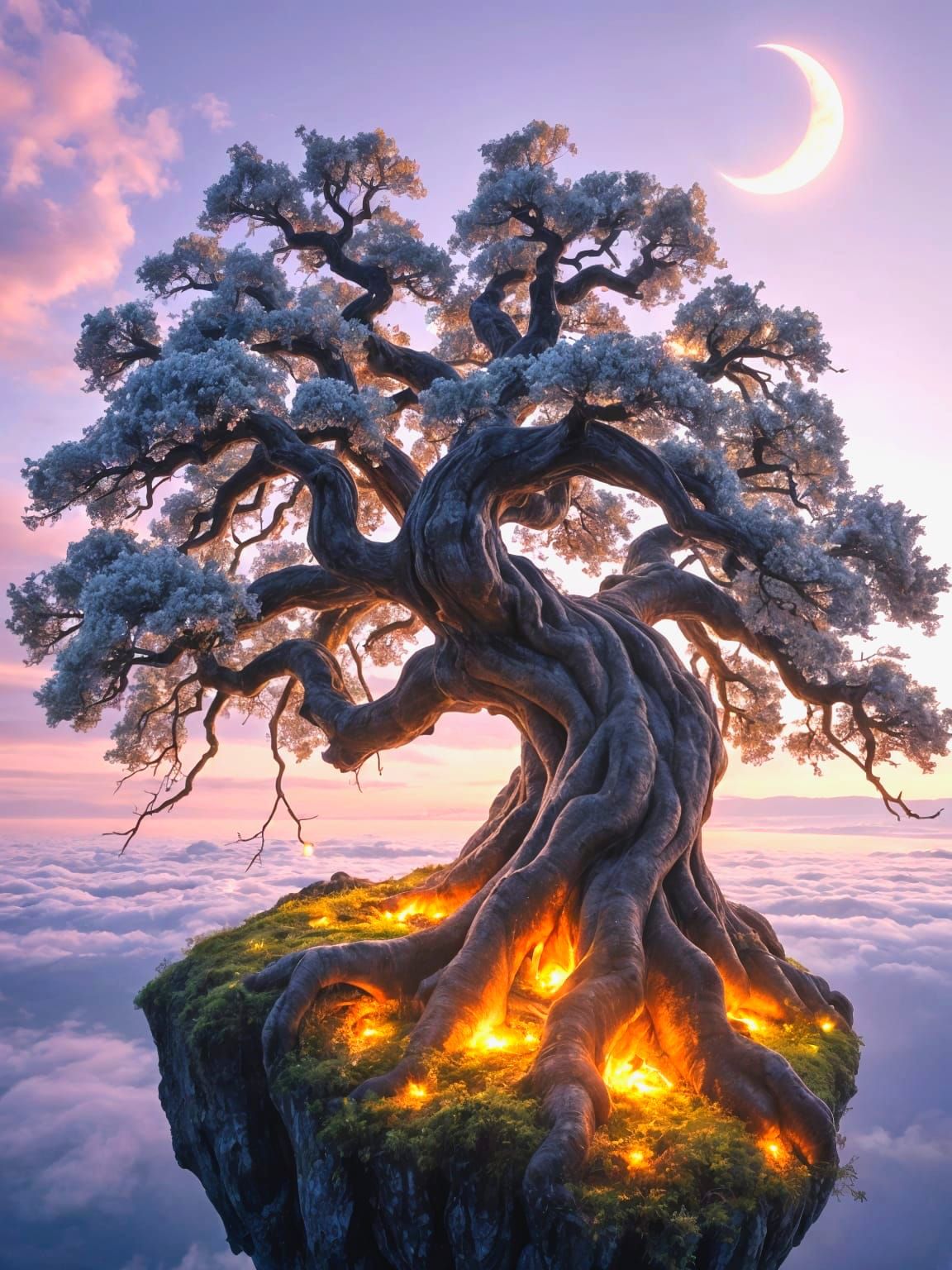 Ancient Tree Radiates Ethereal Glow in Twilight Realm