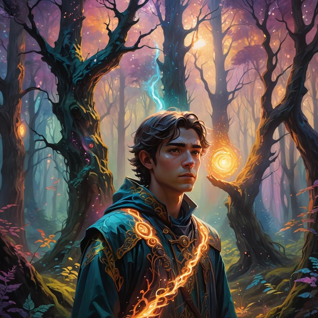 Mystic at Glowing Forest Portal: Fantasy Oil Painting