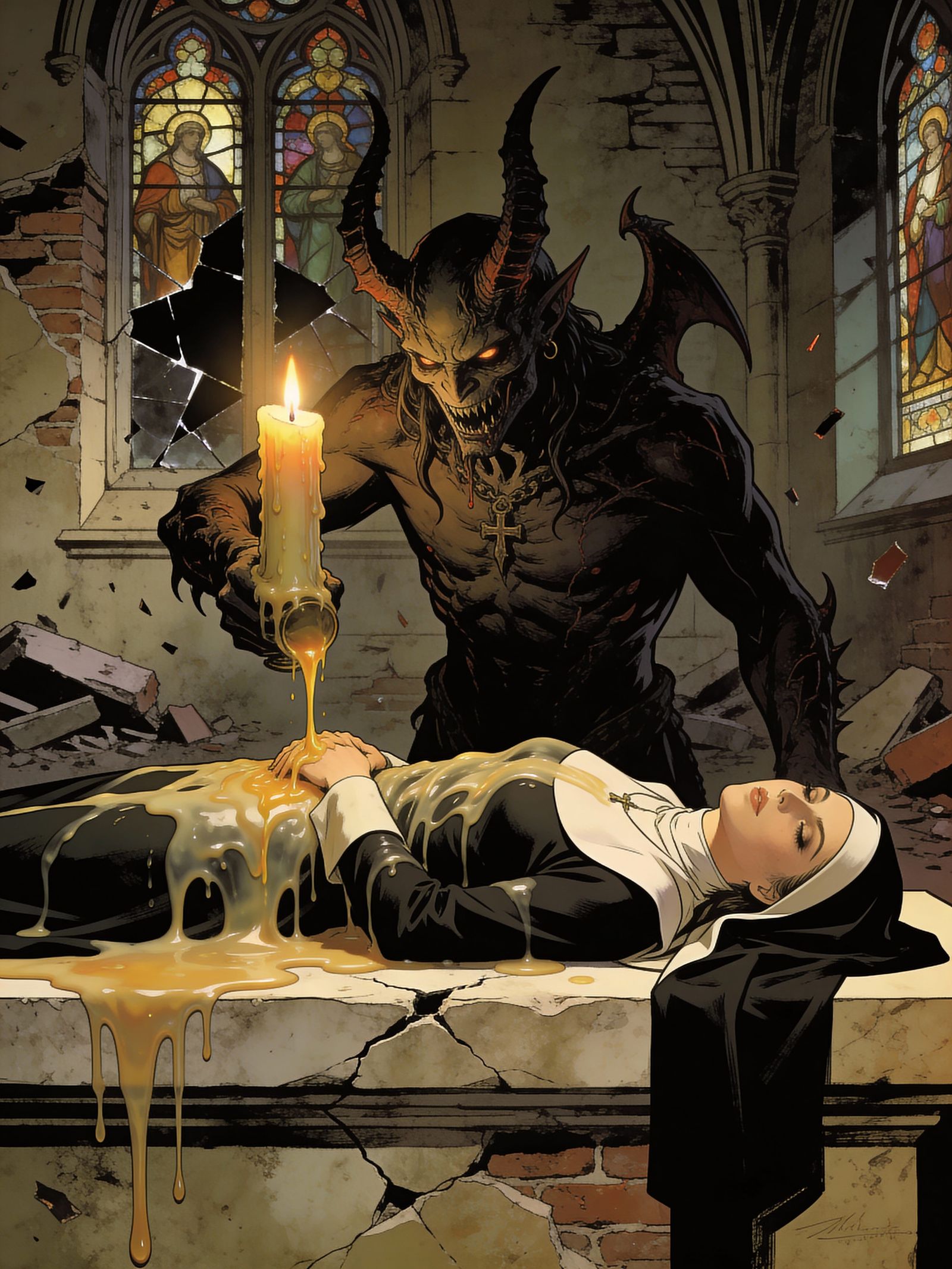 Dark Fantasy Demon Ritual with Wax and Nun