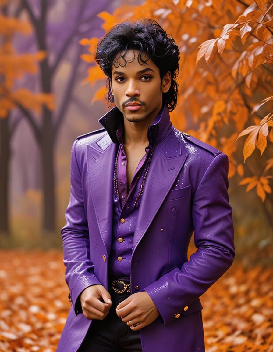Prince in Vibrant Purple Hues with Autumnal Landscape