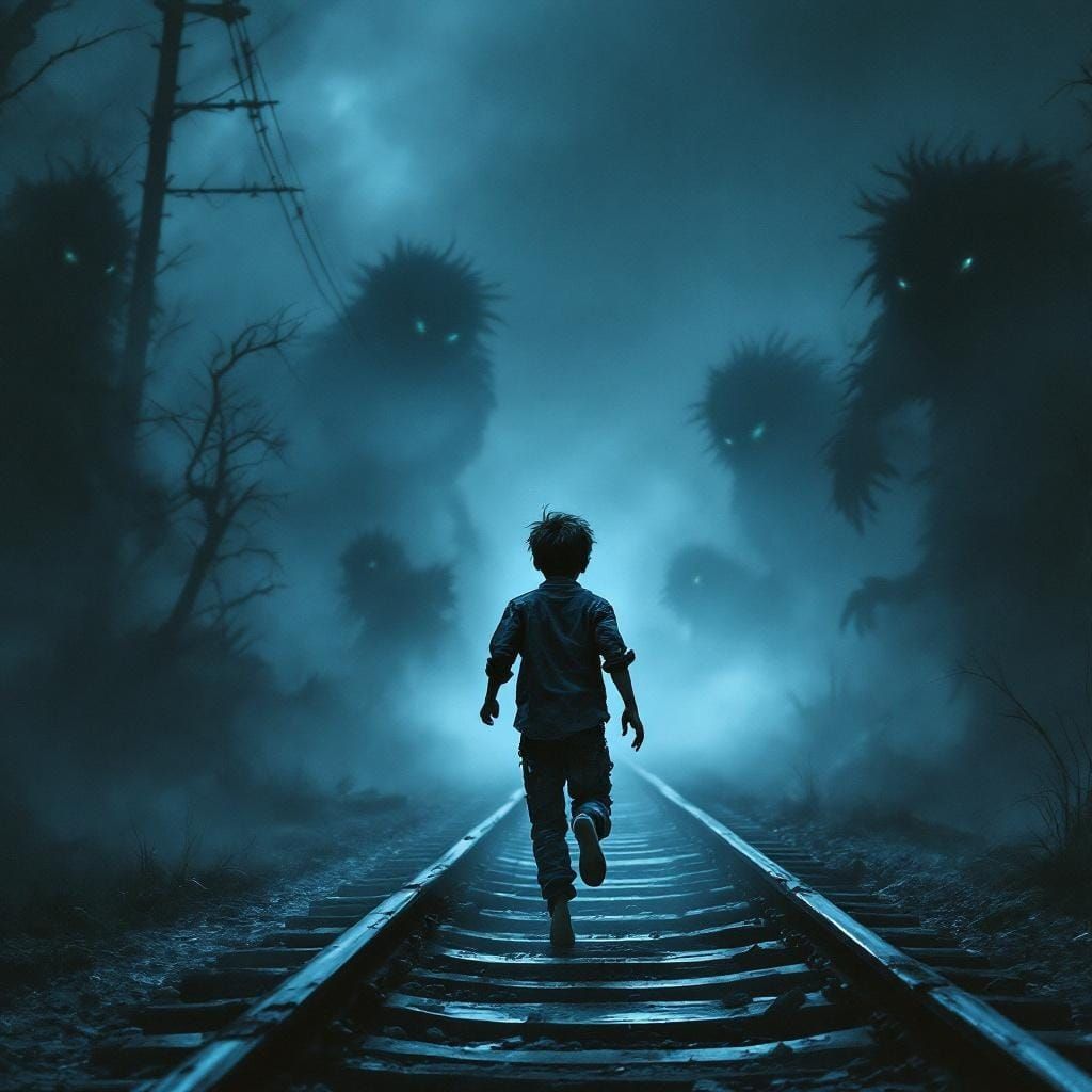 Boy Runs on Abandoned Tracks in Surreal Style