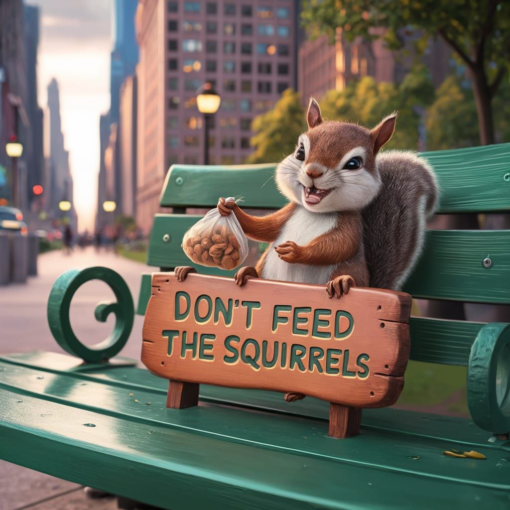Humorous Park Scene with Mischievous Squirrel Illustration