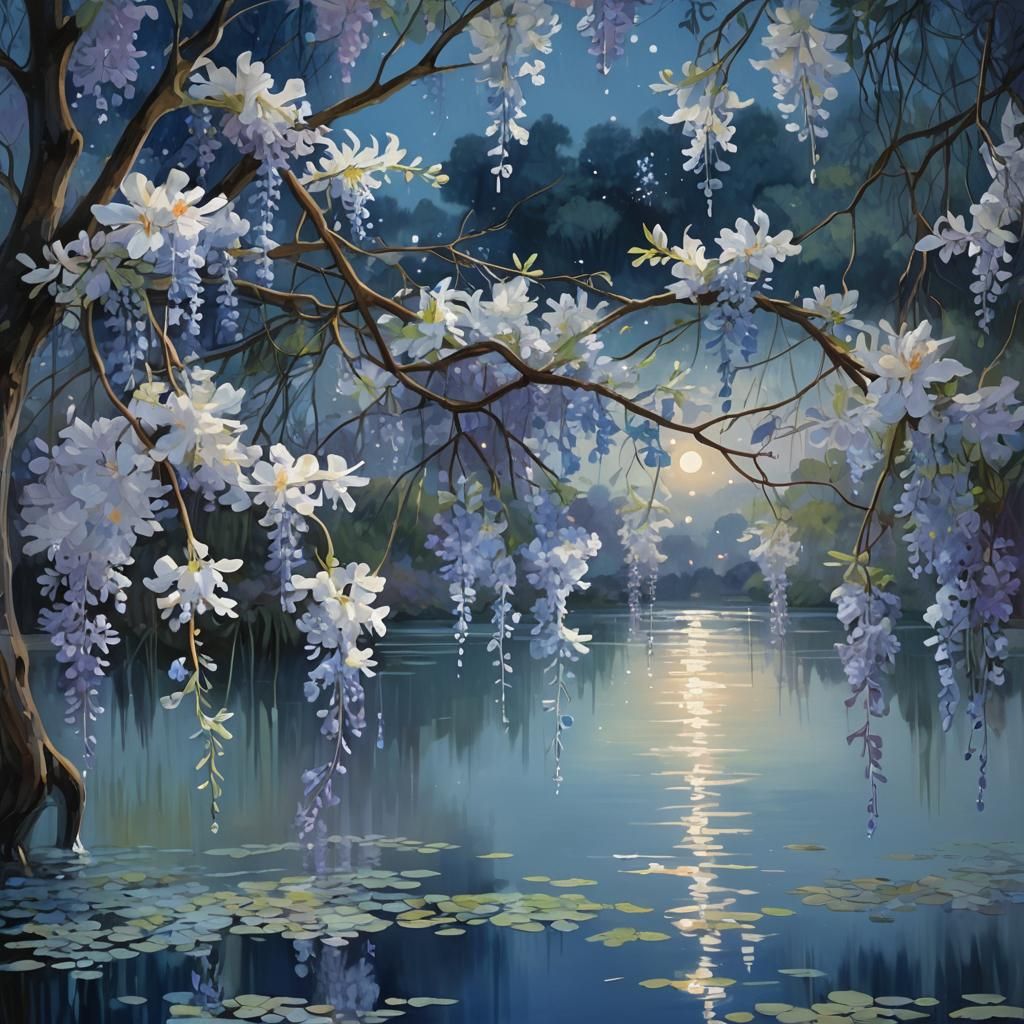 Moonlit Lake with Geometric Watercolors