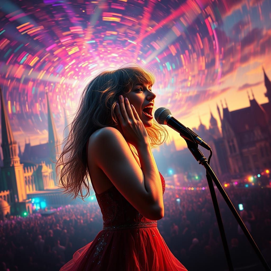 Vibrant Rockstar in Fantastical Cityscape at Dusk