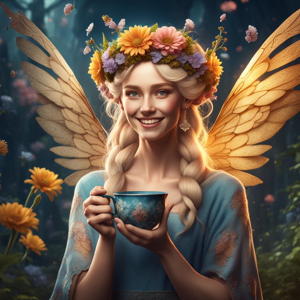 Smiling Fairy Woman with Tea in Fantasy Art