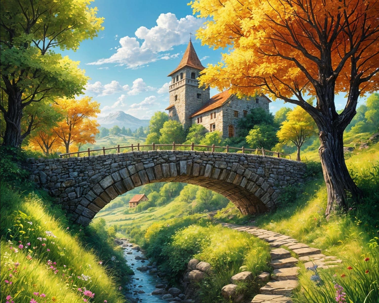 Mossy Stone Monster Repairs Bridge in Magical Landscape