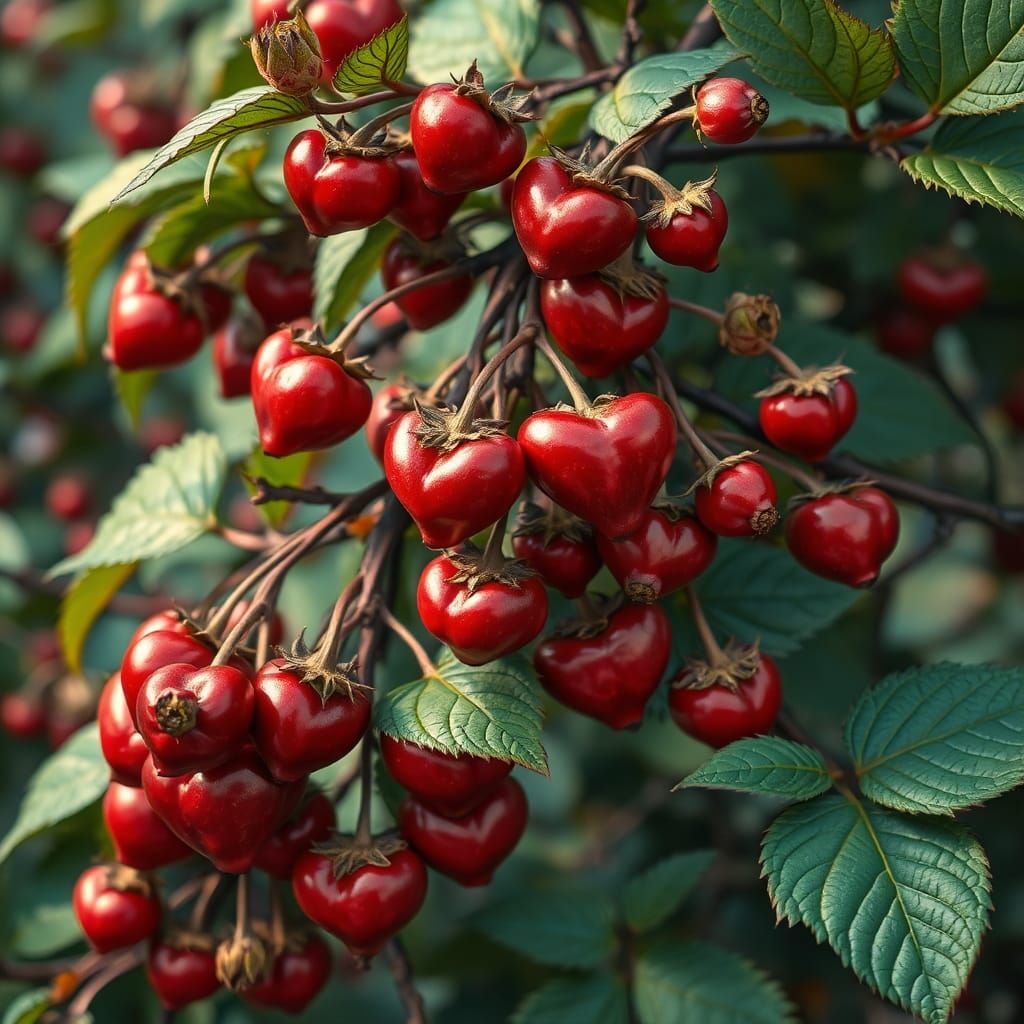 Surreal Heart-Shaped Berry Bush in Fantasy Art Style