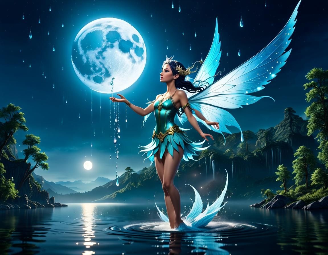 Water Fairy Flight Over Moonlit Lake
