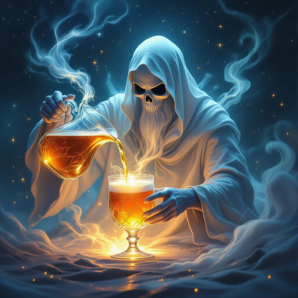 Ethereal Spirit Pours Luminous Ale Amidst Cosmic Vortex