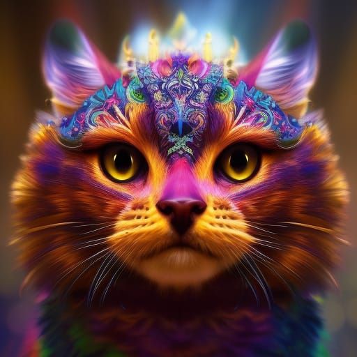 Detailed Fluffy Cat Portrait in Colorful Splash Art Style