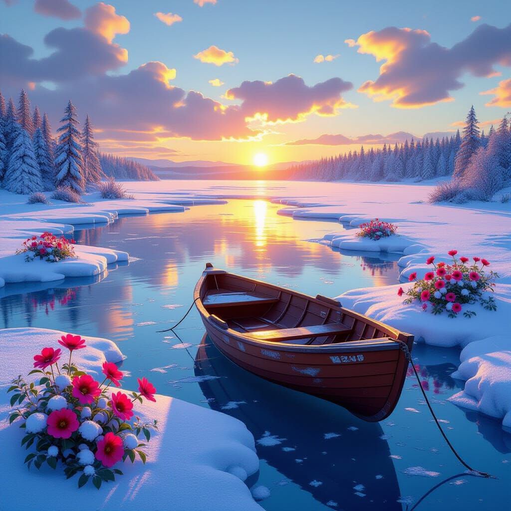 Fantasy Frozen Lake with Flowers and Sun