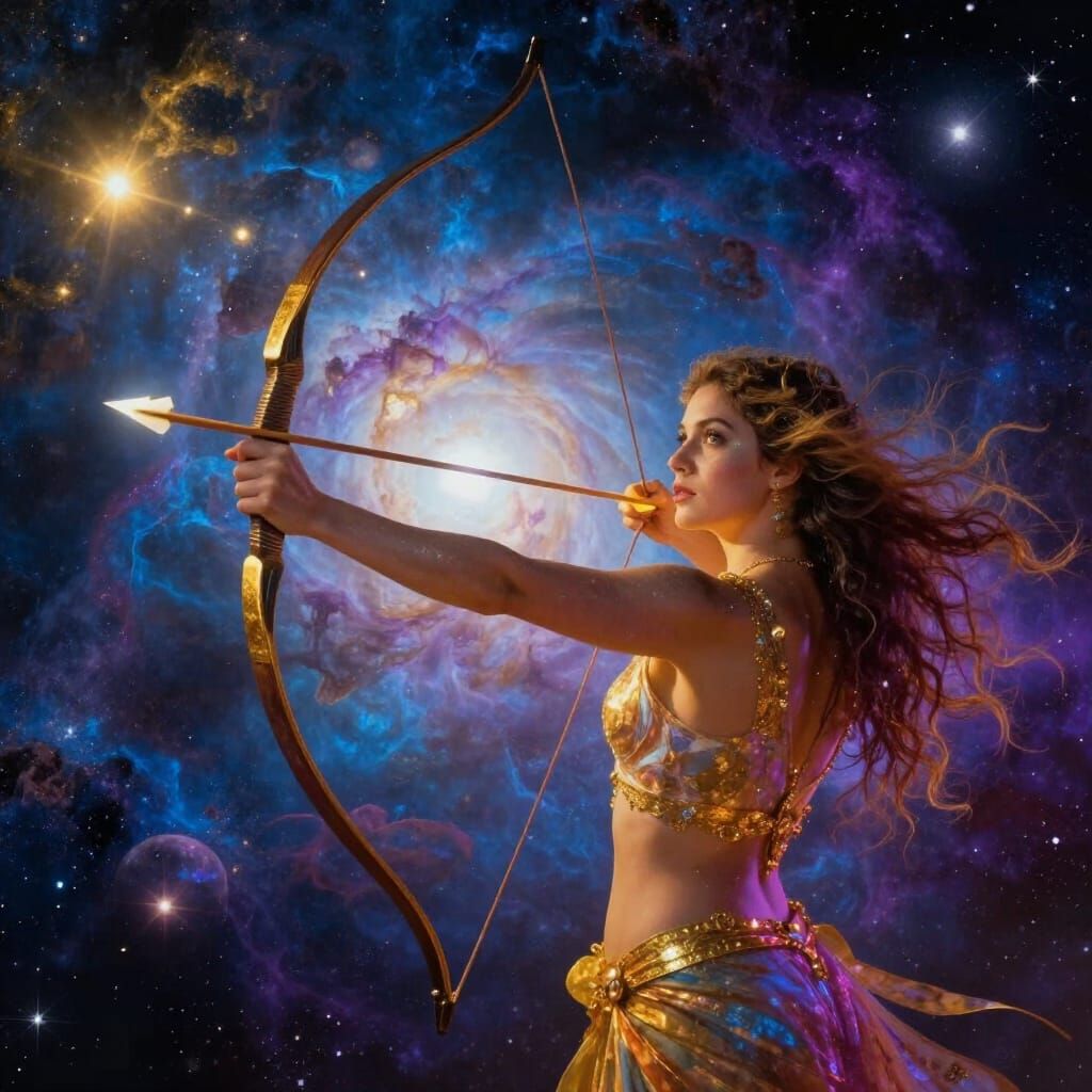 Ethereal Archer Woman in Cosmic Surrealism Style