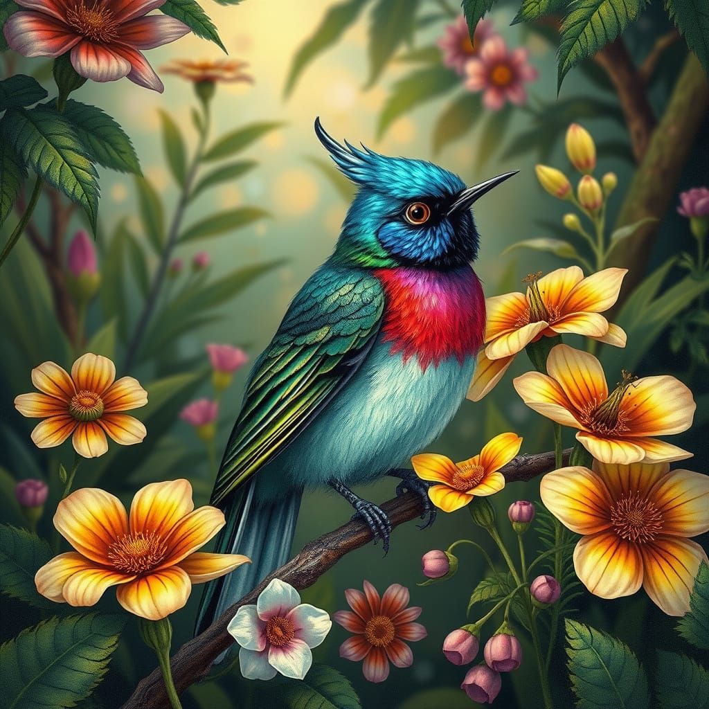 Iridescent Hummingbird in Vibrant Nature, Intricate Details,...