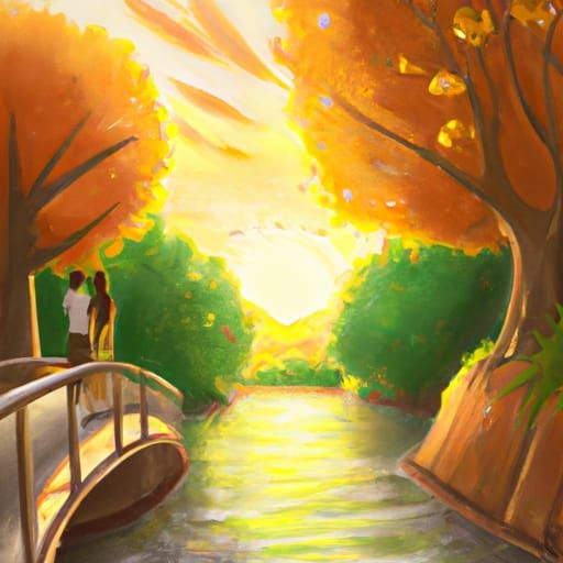 Romantic Anime Couple at Sunset on Bridge