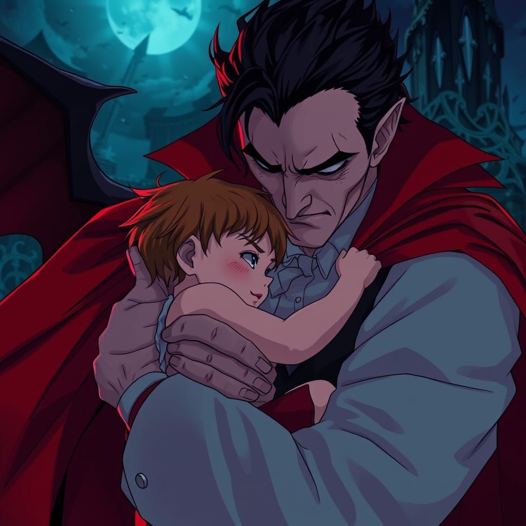 Dracula's Tender Moment in Anime Style
