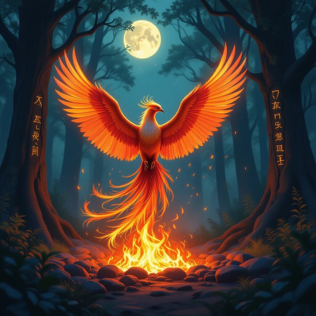Phoenix Rising from Embers in Mystical Forest