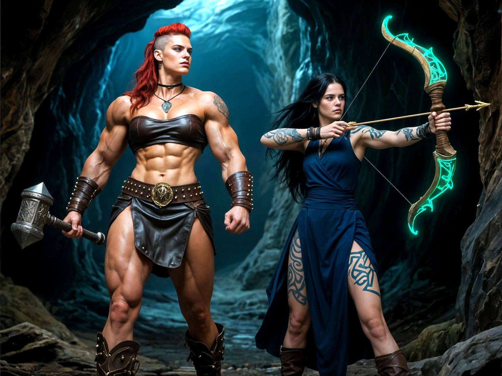 Amazonian Warriors Explore Ancient Cave with Magic Bow