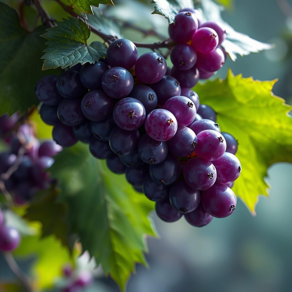 Vibrant Purple Fruit Cluster in Dreamlike Landscape