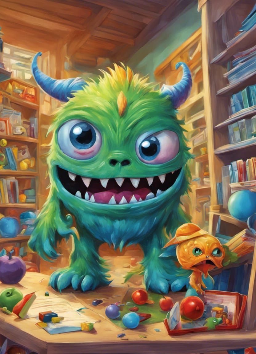 Monster's First Day at School, comic art colorful beautiful complex hyperdetailed photorealistic polished