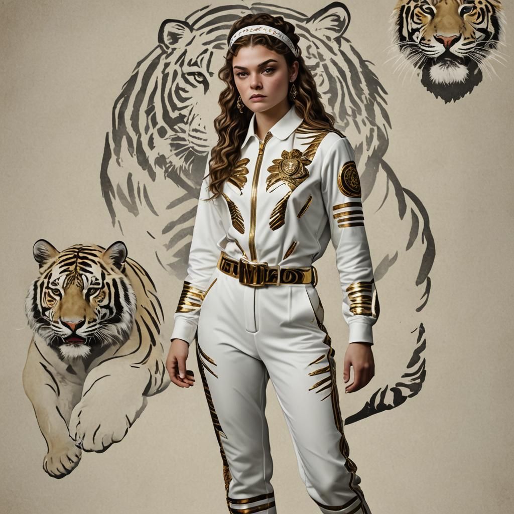 18 year old Camren Bicondova with long brown hair  with curly braided hair in 1958 in A white tiger-striped jumpsuit wit...