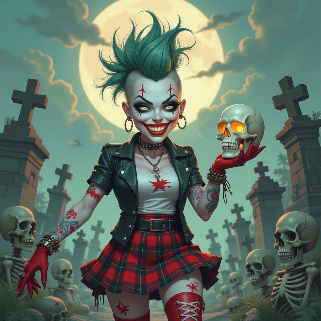 Striking Woman with Green Mohawk and Glowing Skull