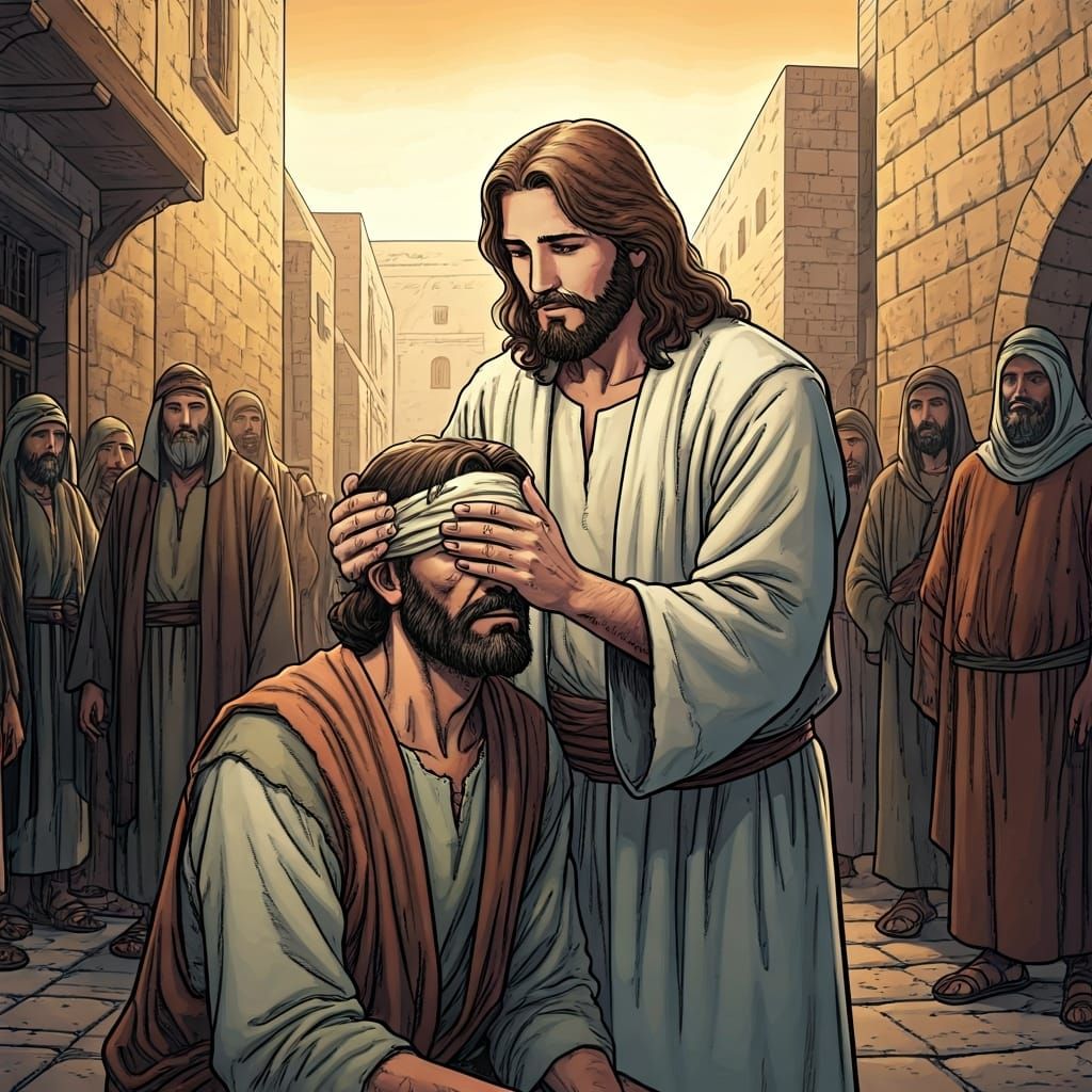 Jesus Heals a Blind Man in Jerusalem: Comic Book Style