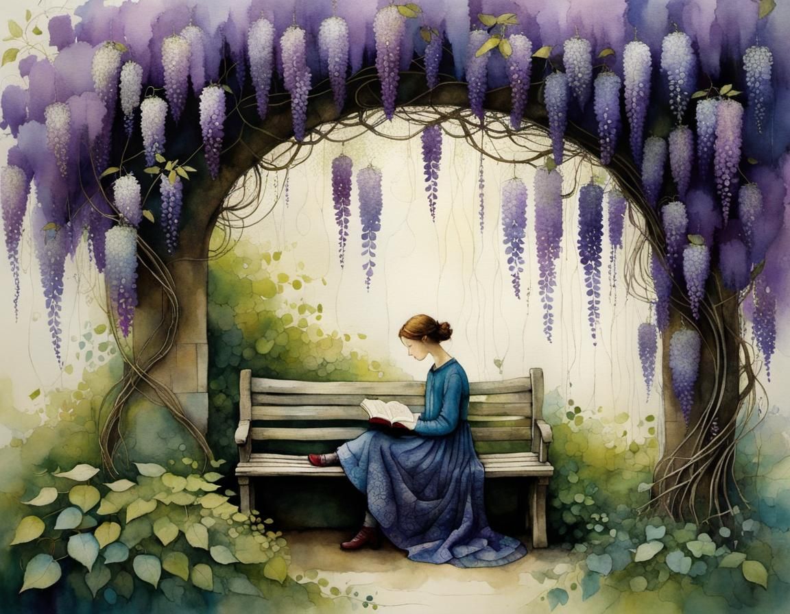 Whimsical Reading Scene with Wisteria in Folk Art Style