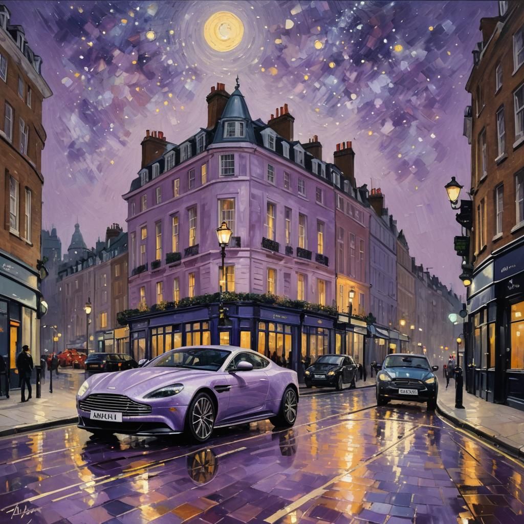 Aston Martin Under Starry London Sky: Expressionist Oil Pain...