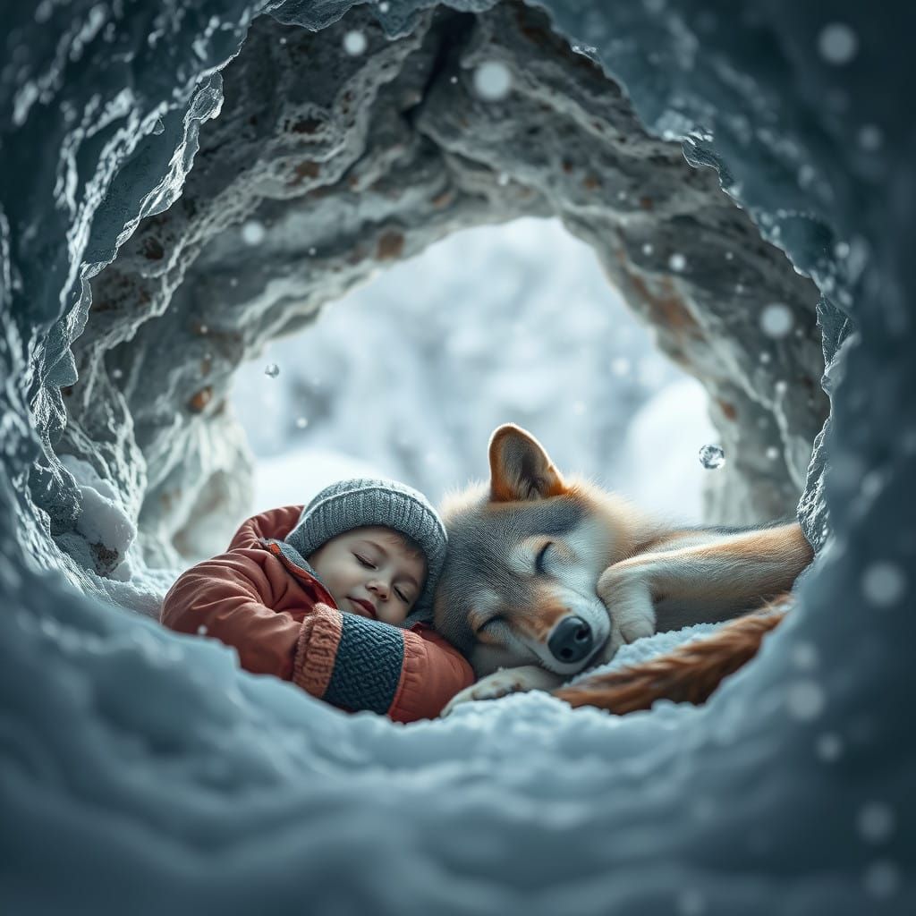 Serene Winter Scene of Child and Wolf in a Crystal Cave