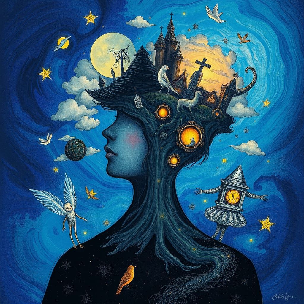 Dreamlike Inner World Illustration in Etching Style