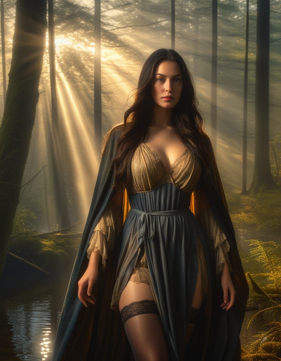 Ethereal Renaissance Goddess in Misted Forest Lake