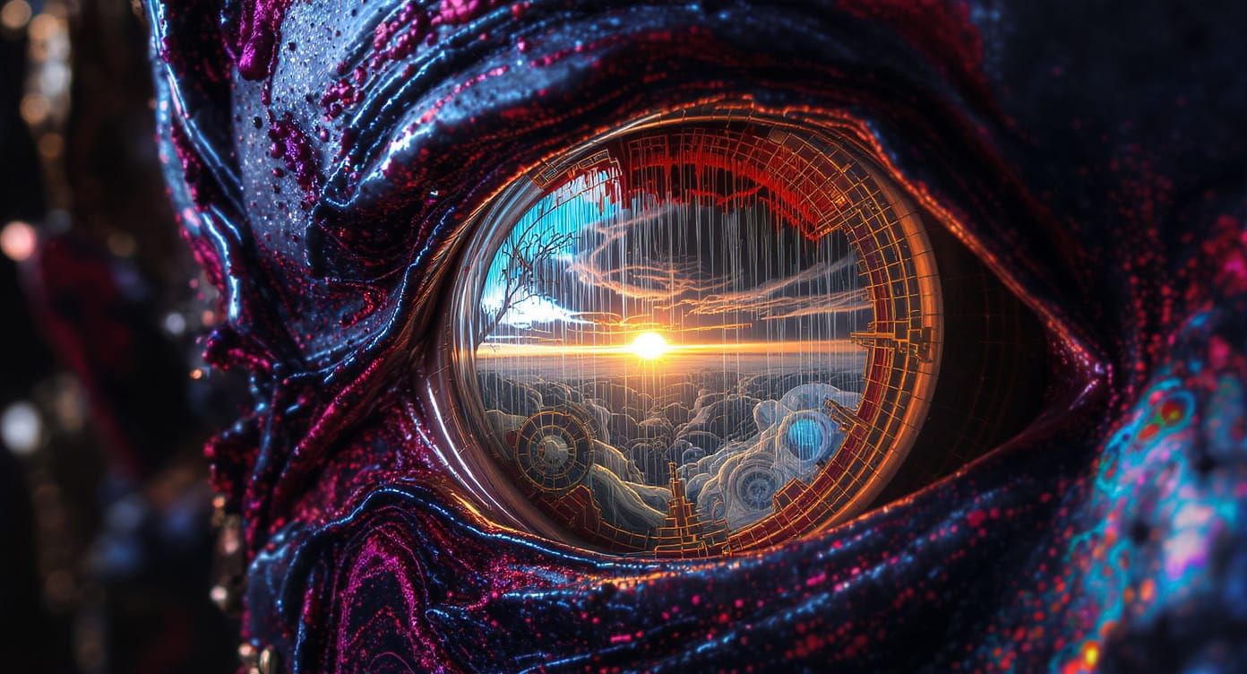 Steampunk Eye Gazing at Rainy Sunrise