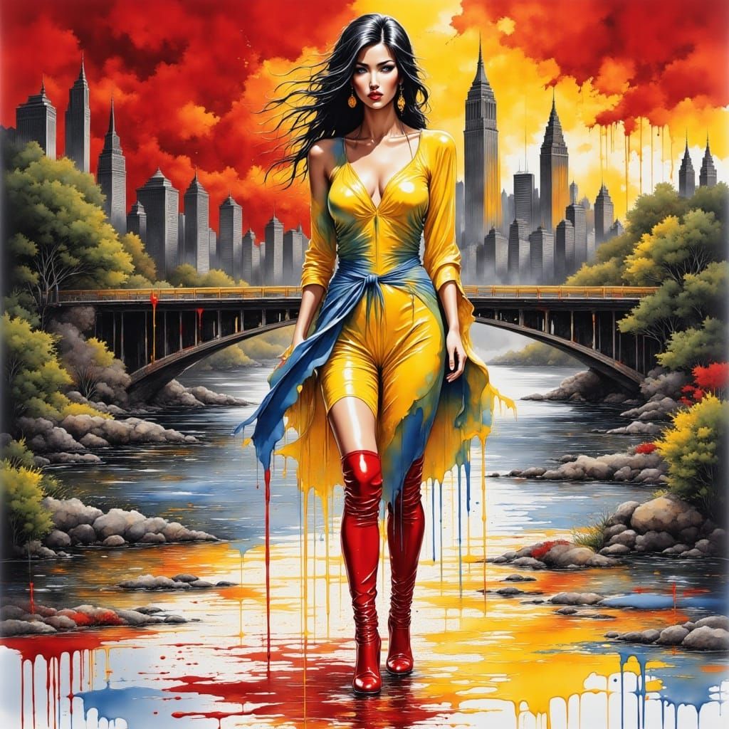 Elegant Woman in Fairytale Landscape, Ink Splash Style