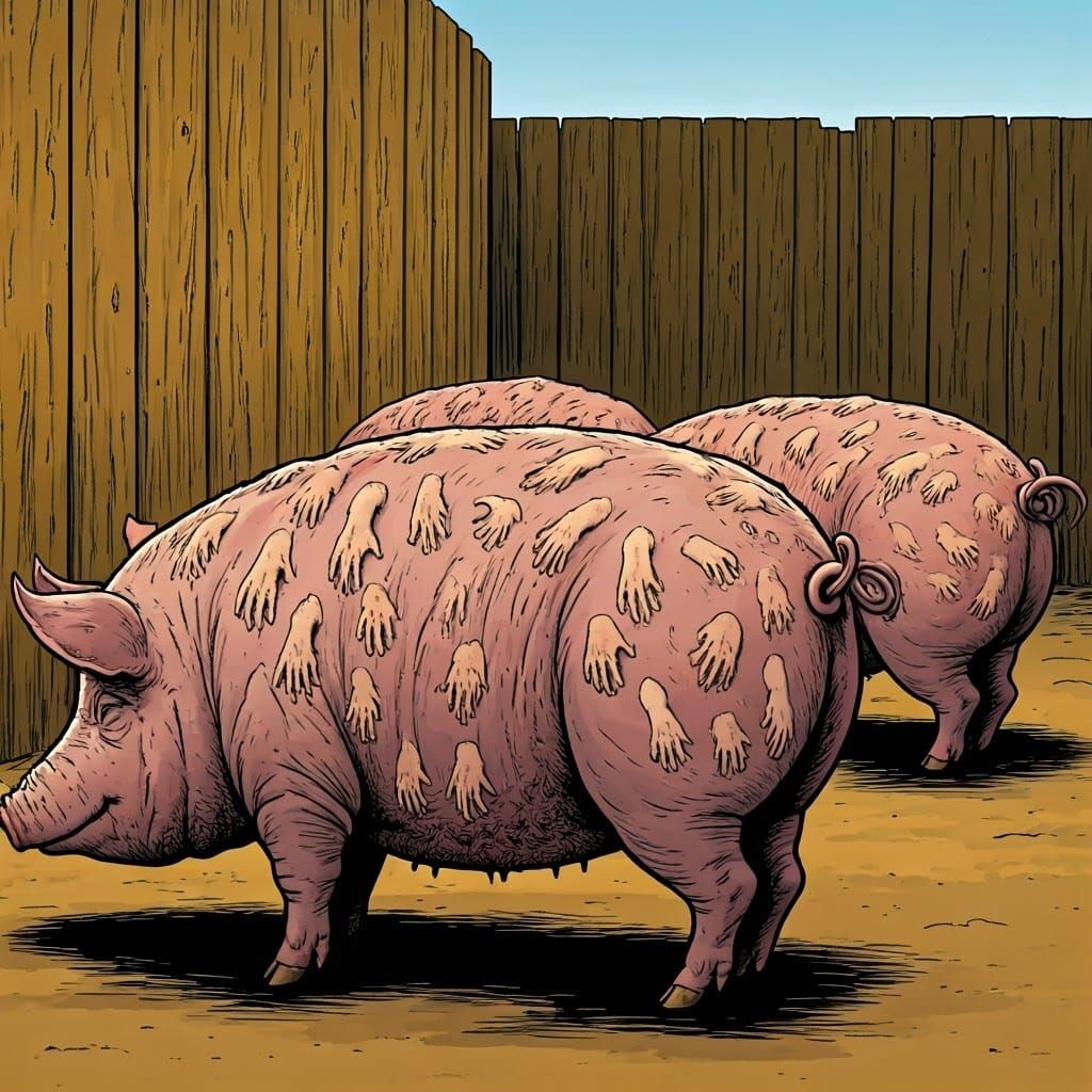 Surreal Pigs Covered in Human Hands