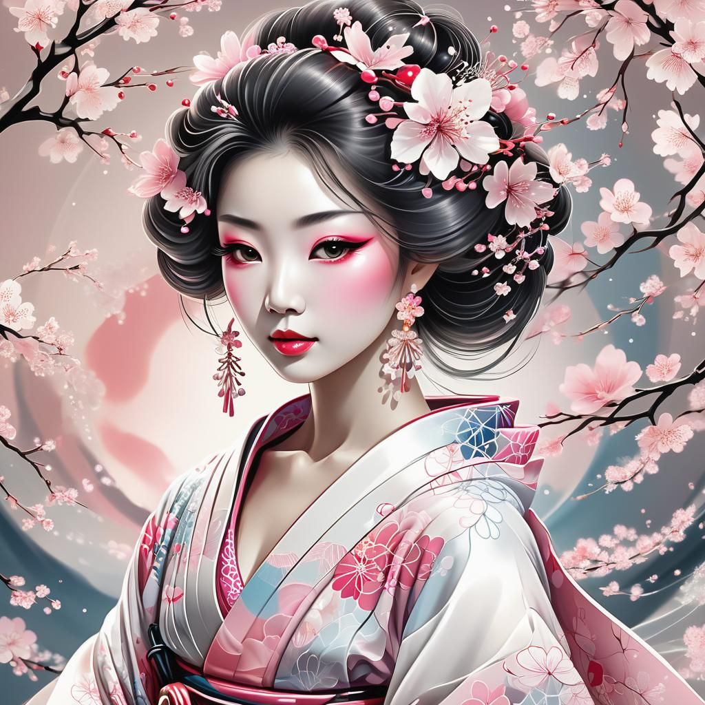 Crystalline Geisha with Cherry Blossoms in Fractal Art
