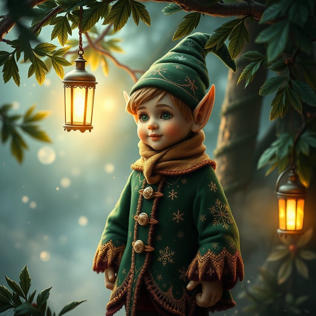 Surreal Christmas Elf in a Whimsical, Glowing Landscape