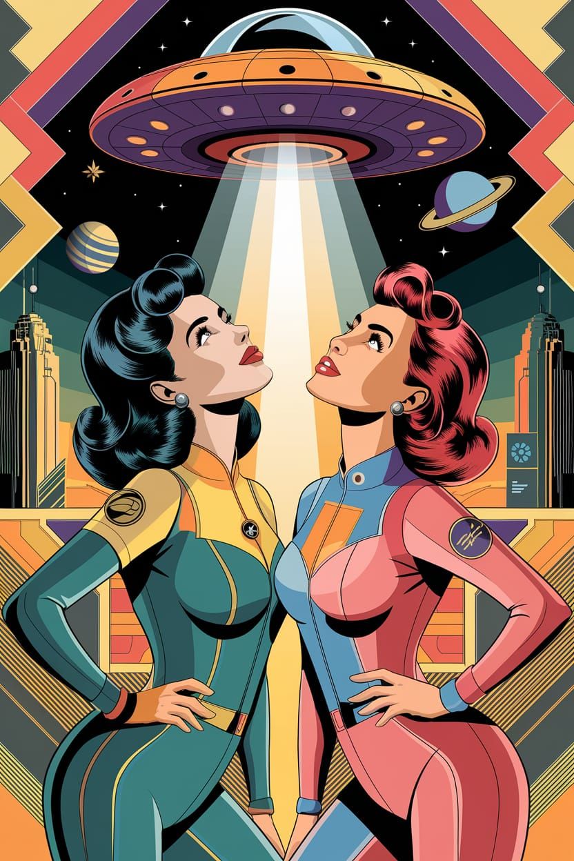 Women in Space Suits Admire UFO, Neo-Cubism Style