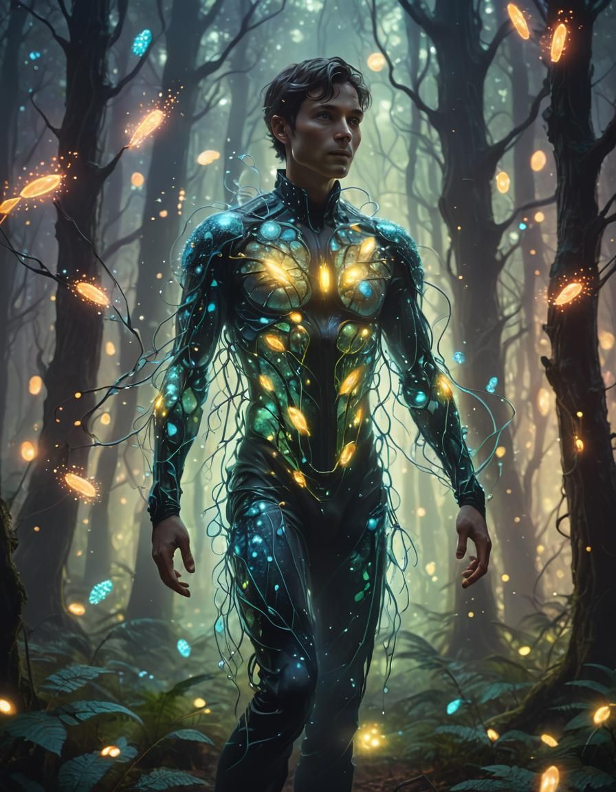Bioluminescent Human in Glowing Cellular Forest