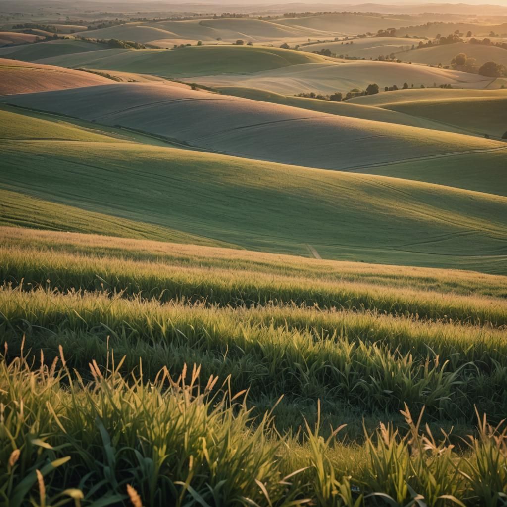 Sunset Over Rolling Fields: Hyperrealistic Nature Scene
