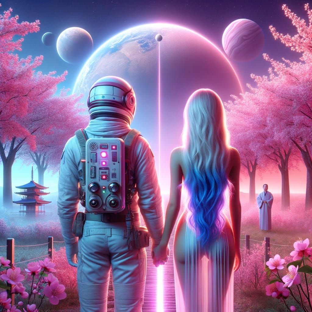 Cosmic Encounter: Astronauts Amidst Cherry Blossoms and Neon...